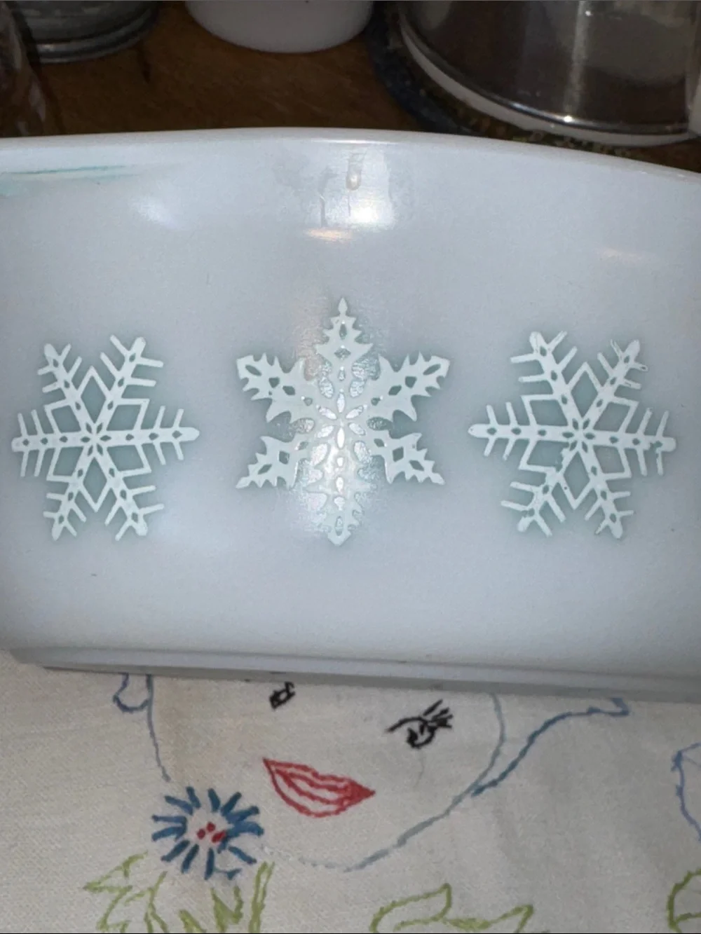 Pyrex White Casserole Dish with Light Blue Snowflake Pattern